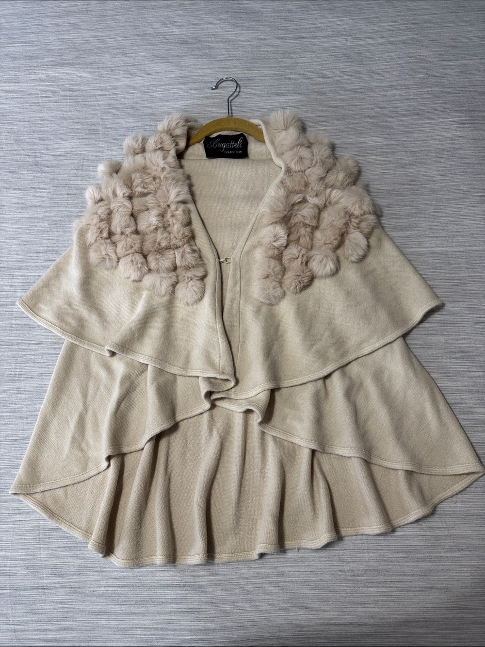 Bugatteli Collection Rabbit Fur Rosette Knit Cape Poncho Shawl Beige OS